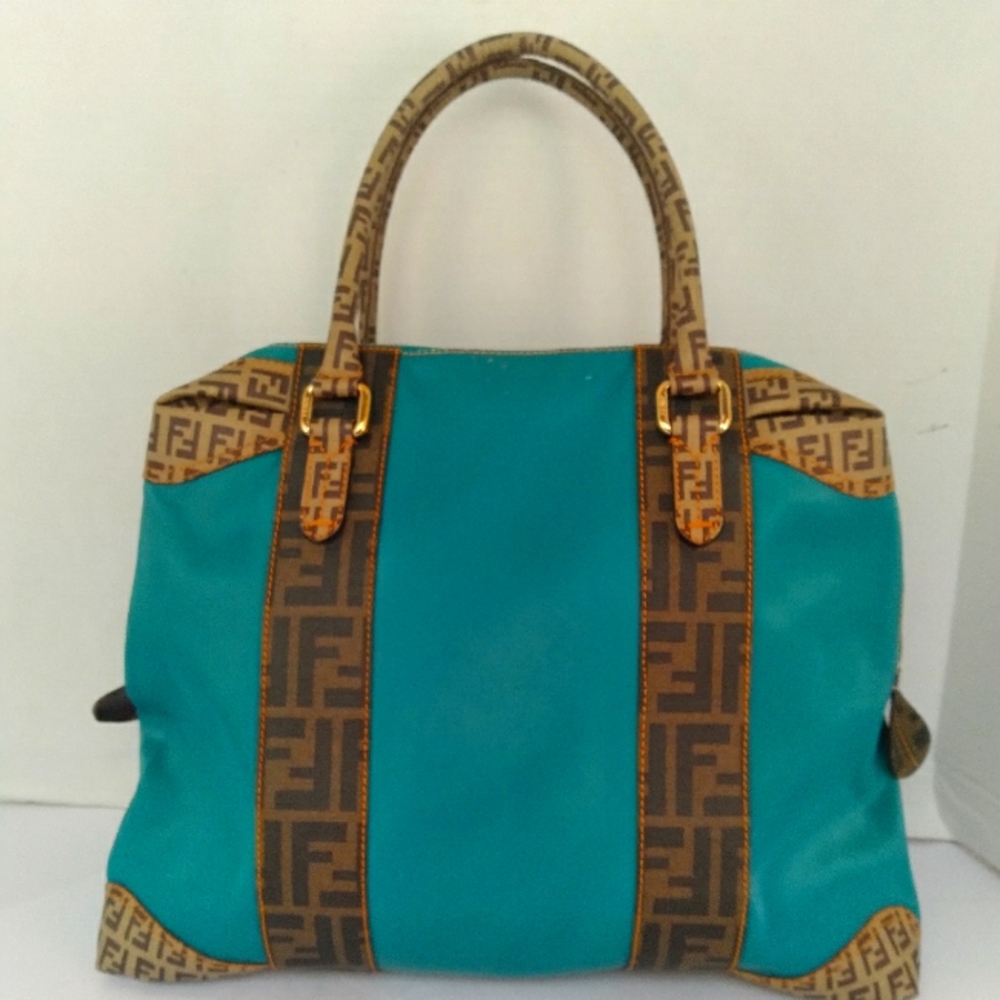 Fendi Zucca‎ Monogram Turquoise Canvas Leather Tote Bag Handbag Gold Hardware